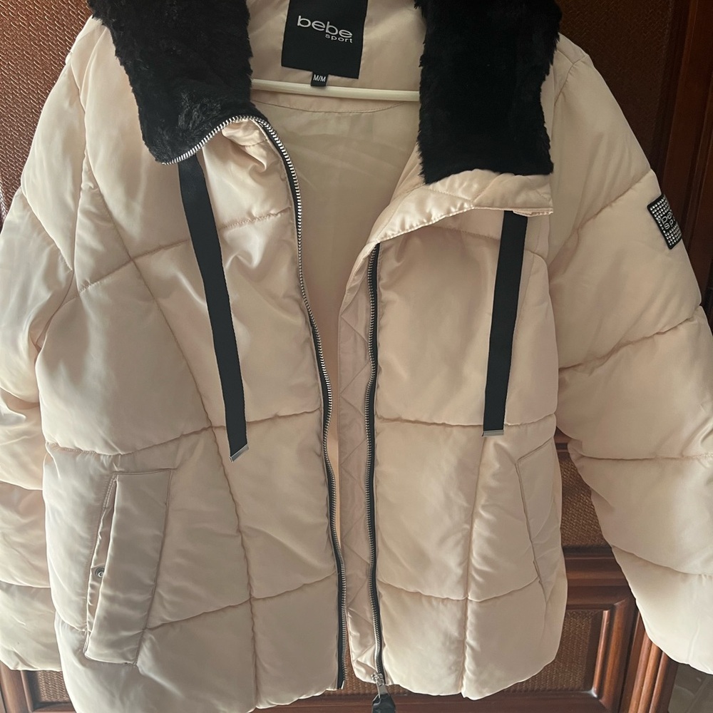 Bebe Sport Cream and Black bomber style puffer Jacket with detachable fur